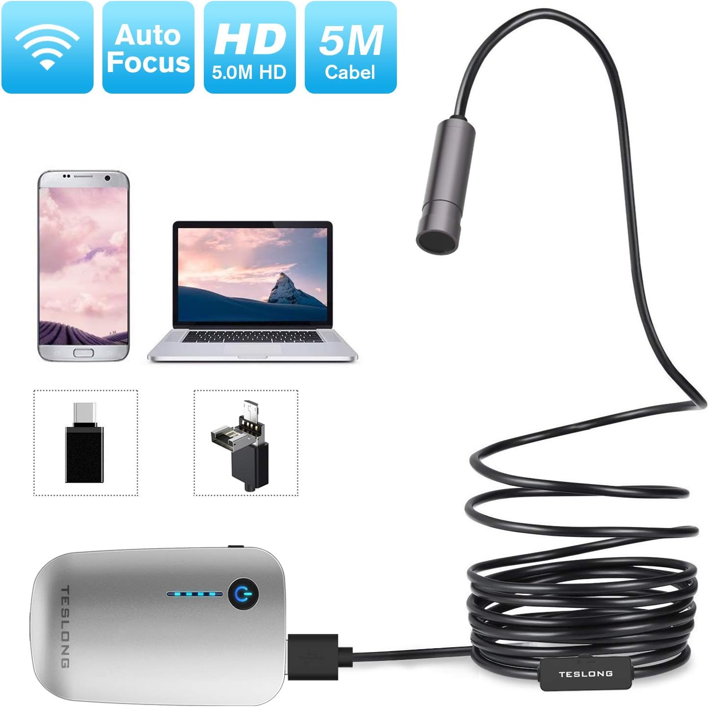 Teslong Wireless Endoscope, Auto Focus WiFi Borescope Inspection 5.0 Megapixels HD Snake Camera