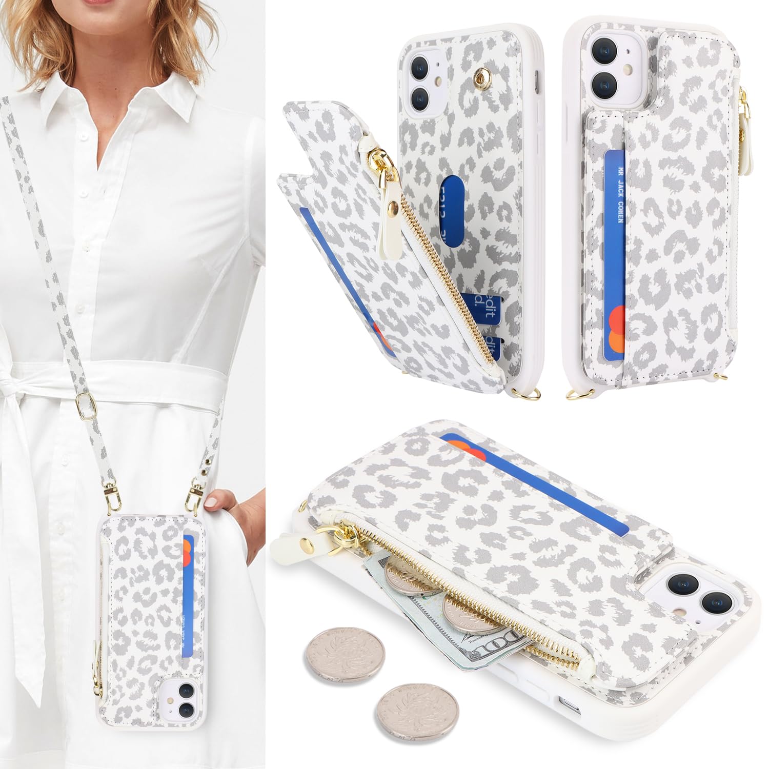 SailorTech for iPhone 11 Phone Case with Credit Card Holder for Women, iPhone 11 Leather Case Wallet Crossbody with Credit Card Slots Zipper Shockproof Case for Men - White Leopard