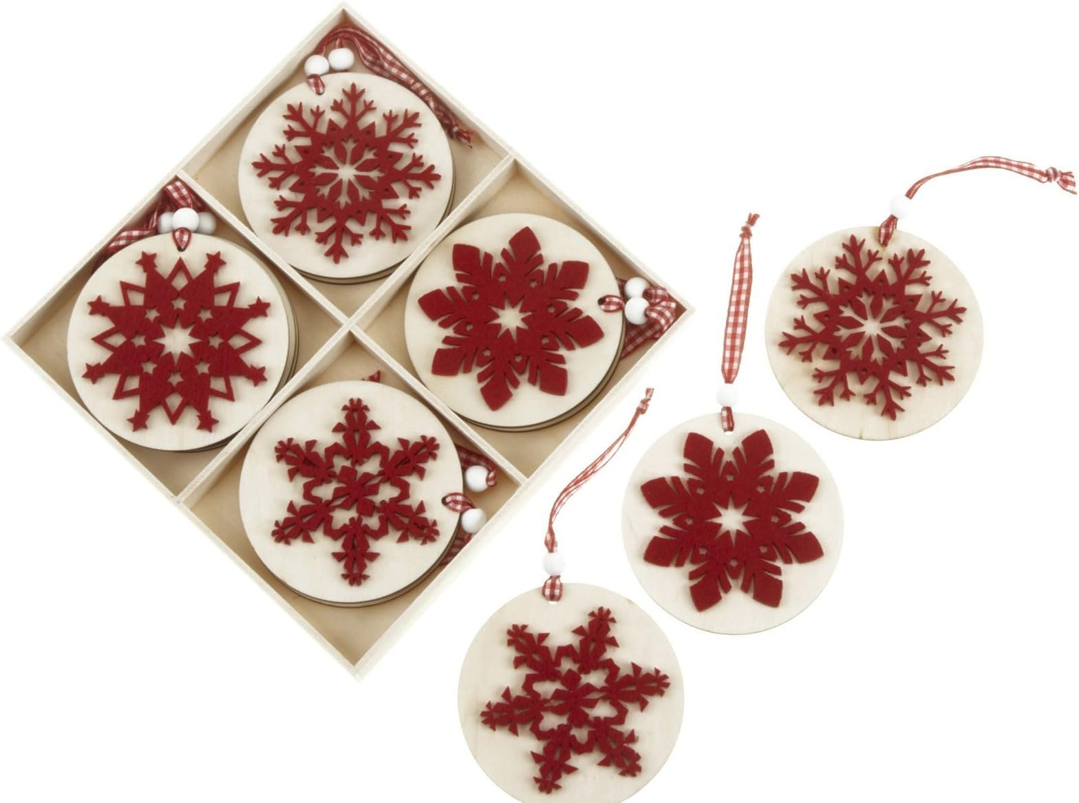 Set of 12 Snowflake Red Felt and Wooden Christmas Decorations with Gingham Ribbons and Beads Nordic Rustic Style