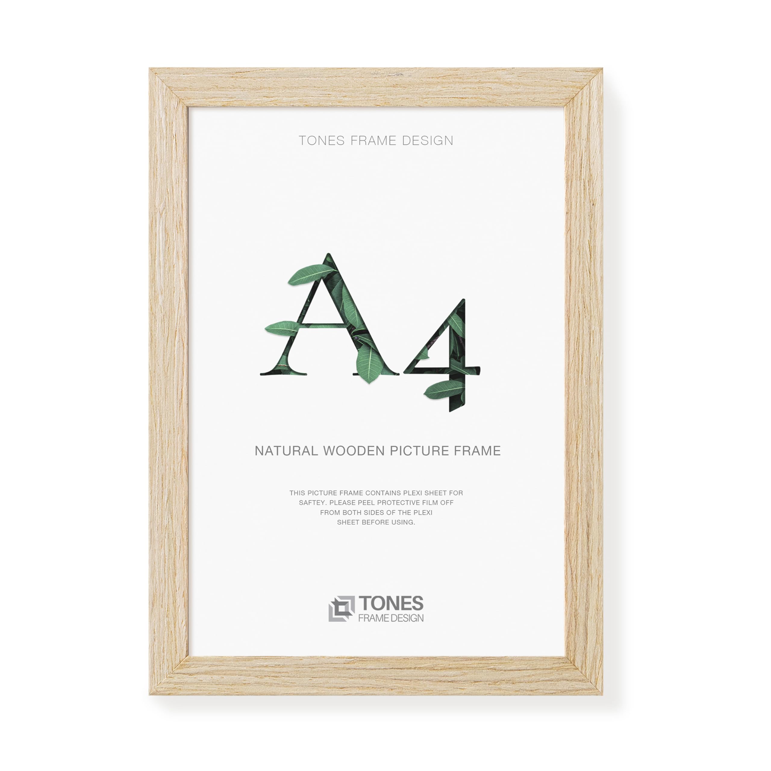 TONES FRAME DESIGN A4 Frame, 21 x 29.7 cm Wooden Picture Photo Frame with Natural Wood Veneer, Shatter-Resistant Plexiglass, Wall Frame for Portrait or Landscape, Certificates, Posters, Prints