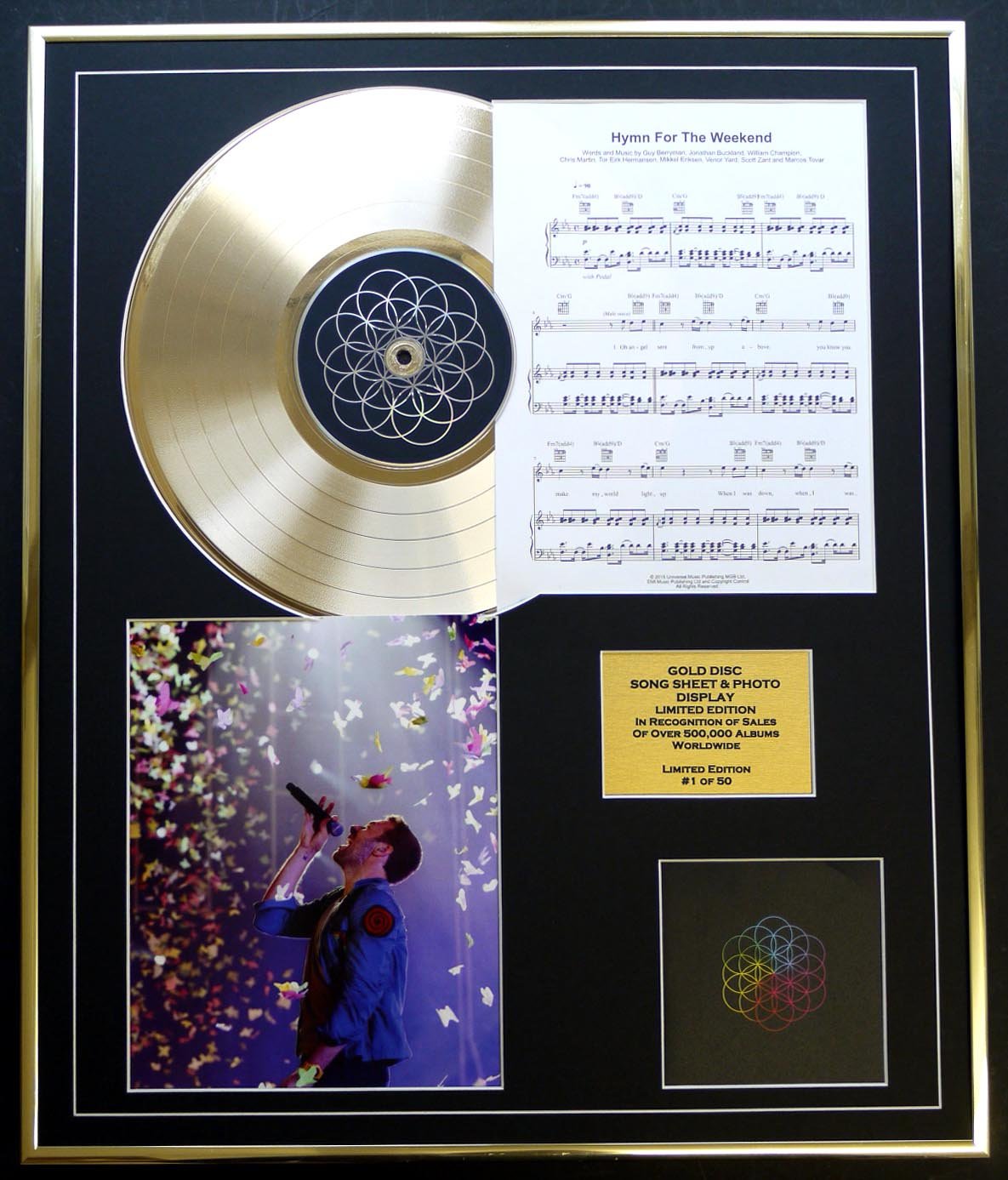 COLDPLAY/CD GOLD DISC, SONG SHEET & PHOTO DISPLAY/LTD. EDITION/COA/ALBUM A HEAD FULL OF DREAMS/SONG SHEET HYMN FOR THE WEEKEND