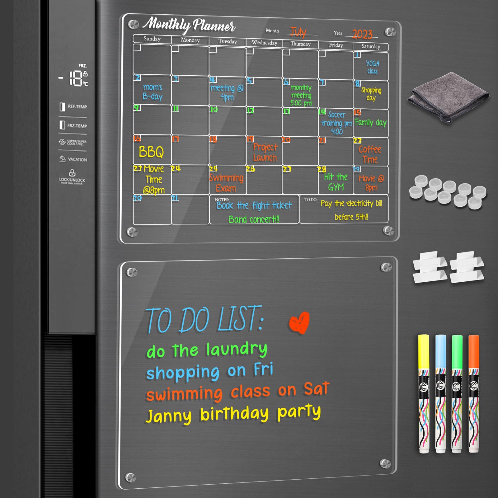 ANLIOTE Acrylic Writing Board Set, 2pcs 40 x 30cm Fridge Whiteboard Calendar Kit, Transparent Monthly Planner & Blank Memo Board, Includes 4 Chalk Markers, Strong Magnetic Corners, Non-Scratch Covers