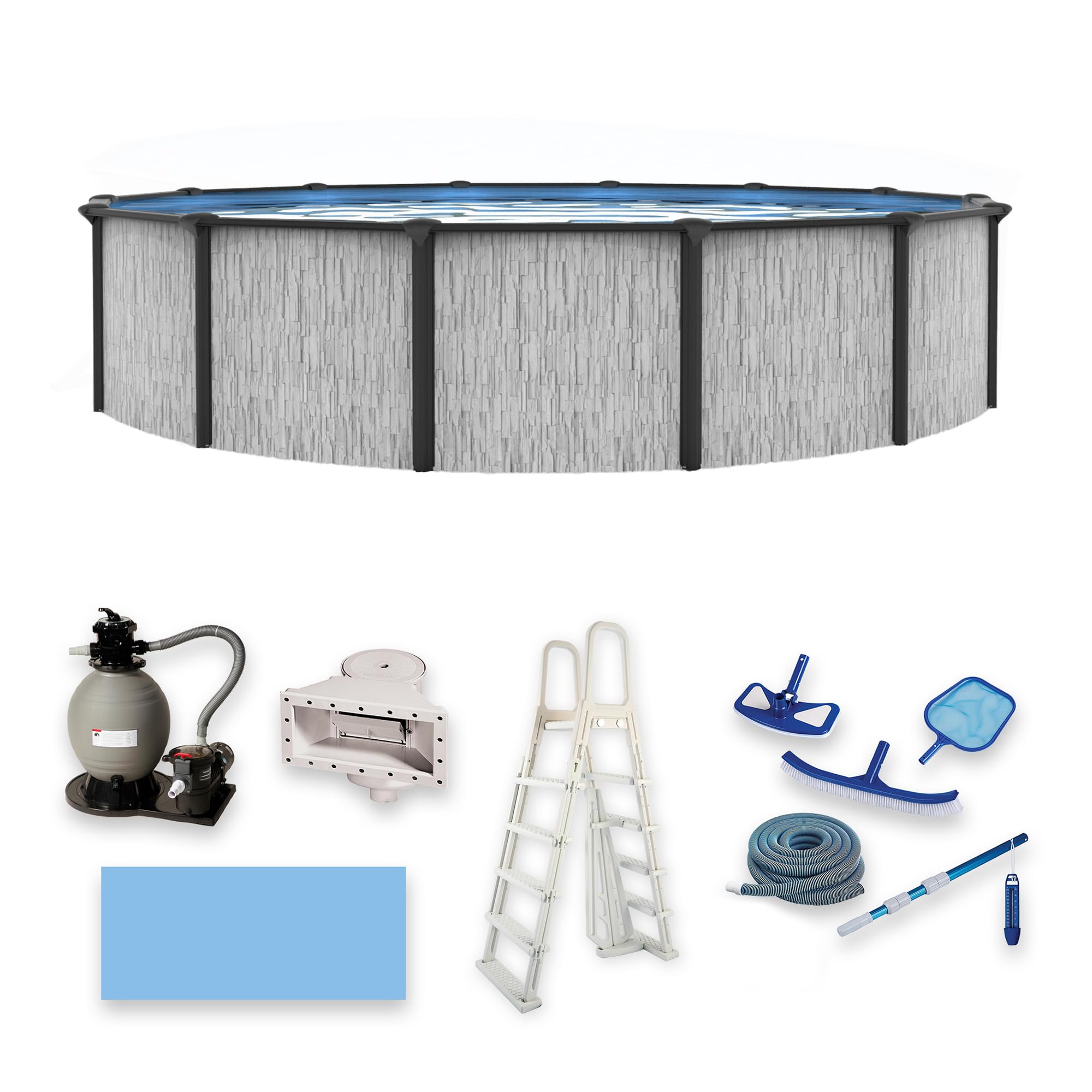 Photo 1 of *********ONLY ACCESSORIES***** ********FINAL SALE - NO RETURNS********* Blue Wave Sevilla 24-ft Round 52-in Deep Above Ground Swimming Pool – with Steel Wall & Top Rails, Sand Filter, Overlap Liner, A-Frame Ladder & Maintenance Kit – Complete Outdoor Pool