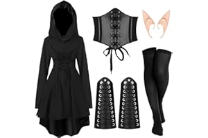 Jeyiour 5 Pcs Women Renaissance Fairy Costumes Set Medieval Hooded Robe Elf Ears Accessories for Halloween Cosplay