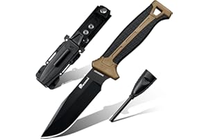 HX OUTDOORS Fixed Blade Bushcraft Knife with Fire Starter, D2 Steel Camping Knife with Kydex Sheath for Outdoor, Hiking, Backpacking (Brown)