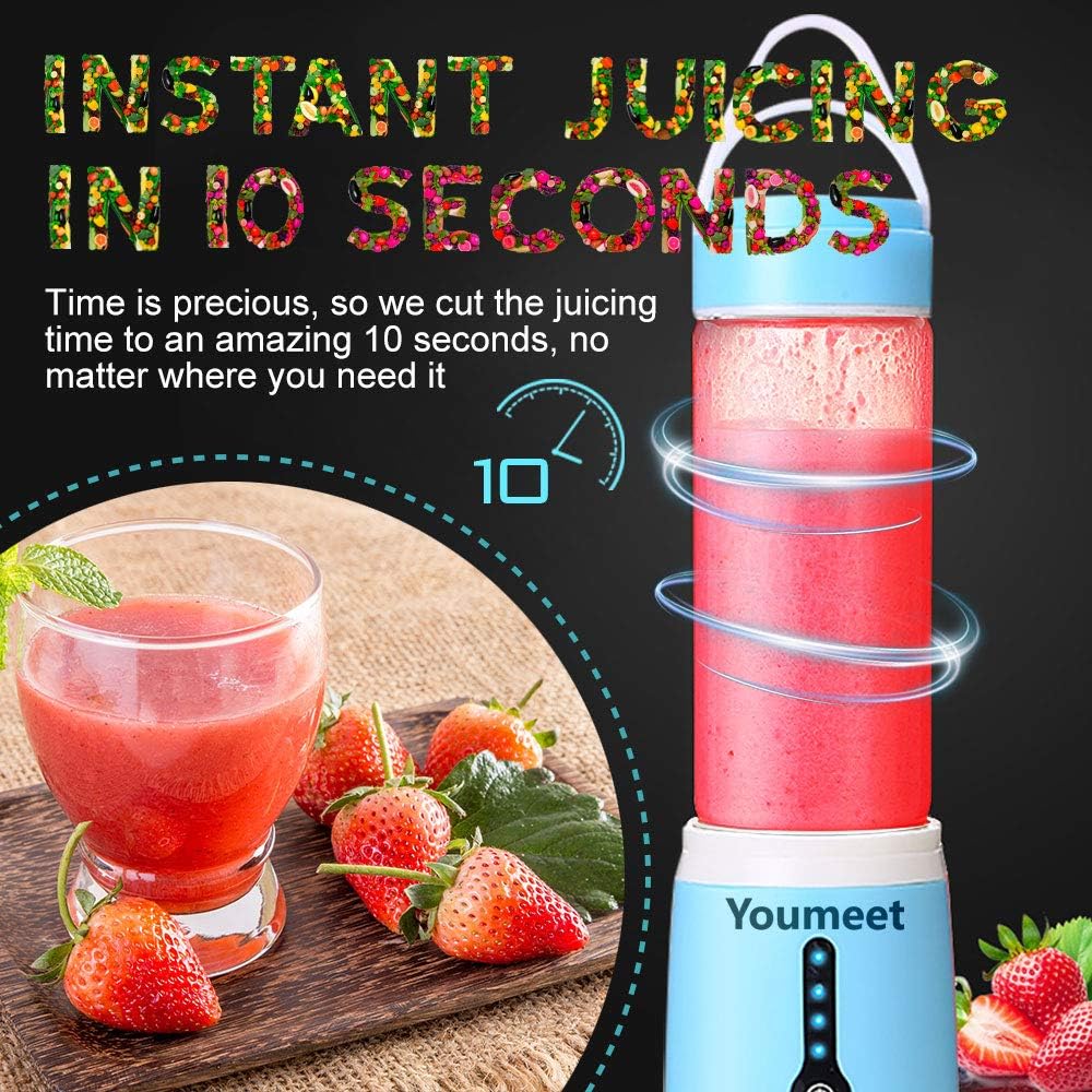 Smoothie Blender, Youmeet Cup Blender Remaining Power Display, USB Rechargeable Blender Mini Blenders for Smoothies with Cup Lid Brush for Fruits Veggies Ice Work Sports Travel: Kitchen & Dining