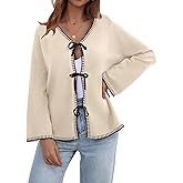 JUYUEO Tie Front Bow Cardigan for Women Trendy 2025 Casual Bell Long Sleeve Chunky Knit Cardigan Sweater Winter Clothing Coat