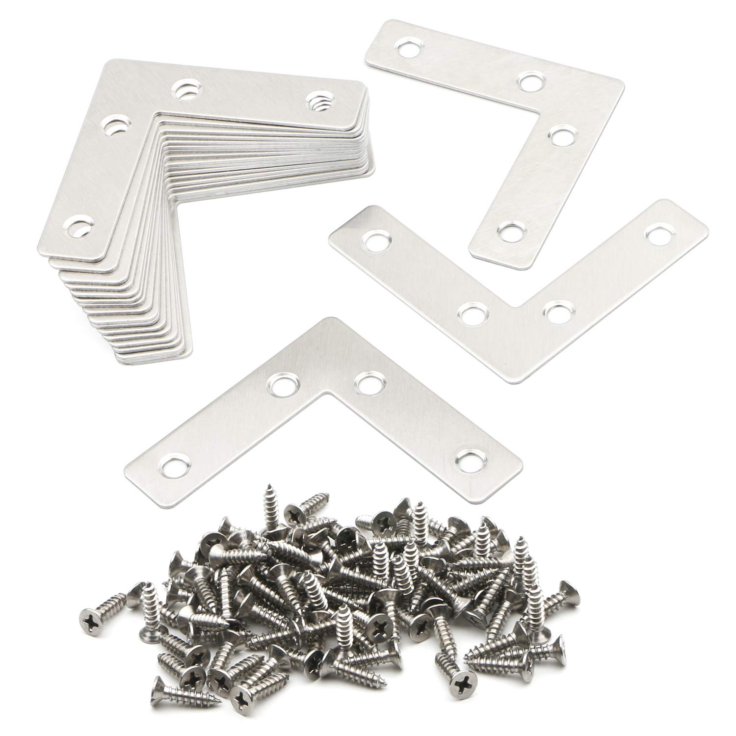 Pxyelec L Shape Repair Bracket Connector - 4 Holes Angle Plate Corner Brace for Flat Fixing Repair with Plated Joint Bracket Wooden Furniture Fixture Protector, 60x60mm, Pack of 20 with Screws