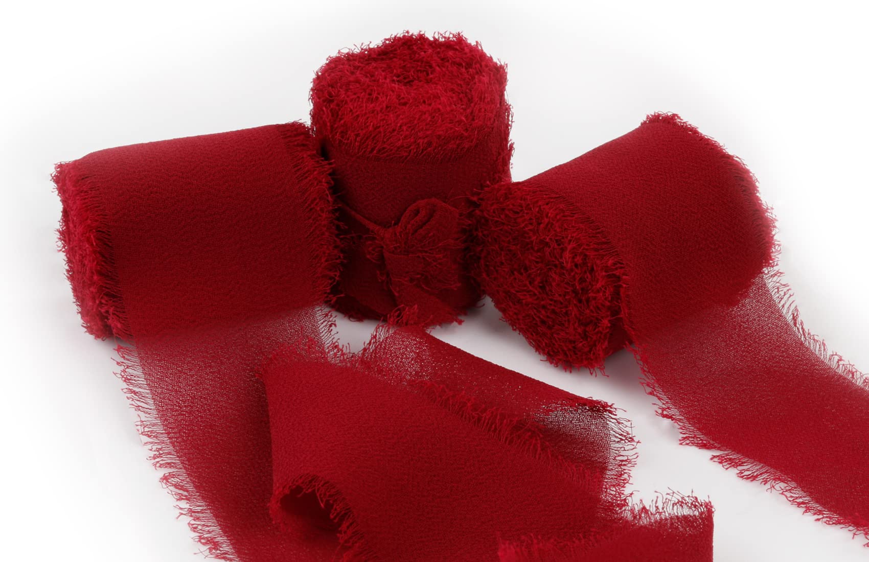 Joycrosso 3 Rolls Handmade Fringe Chiffon Ribbon Frayed Edges Burgundy Ribbon 40mmX4.5Meter, Great for Wedding Invitations, Bridal Bouquets, Decor Tie Gifts Wrapping, DIY Crafts