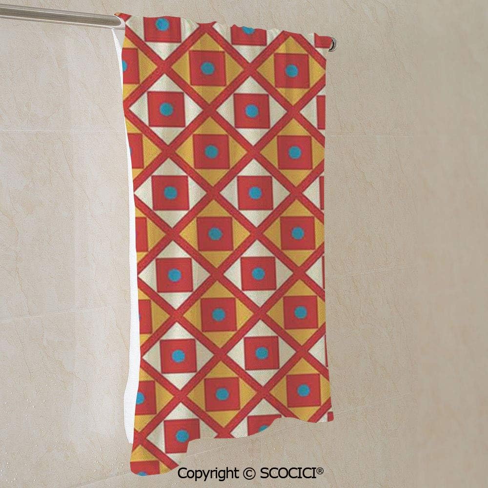 YOLIYANA Cotton Fiber Bath Towel for Kids Checked Pattern with Dots in Squares Diagonal Geometrical Retro Towels for Beach Bath Athletic or Kitchen (Bath Towel 27.5"x55")