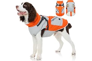 FUAMEY Dog Winter Jackets for Large Dogs,Dog Coat with Harness Built in,Waterproof Dogs Snowsuits Warm Pet Jacket Zip Up Fleece Cold Weather Coats Reflective Puppy Vest with Pocket Orange XL