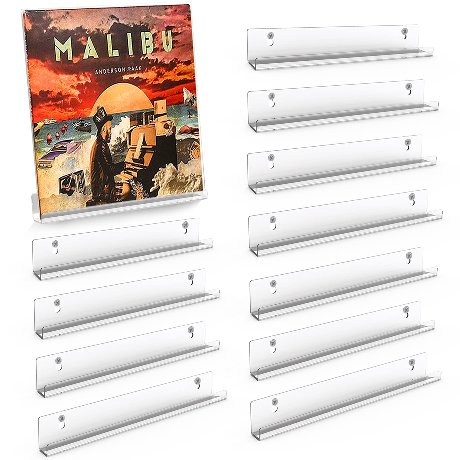 Giyiprpi 12 Pack Vinyl Record Shelf Wall Mount, ULENDIS Clear Acrylic Album Record Holder for Display Daily Listening, Floating Shelves for Wall Decor, Kids Bookshelf, Magazine Rack, Picture Ledge