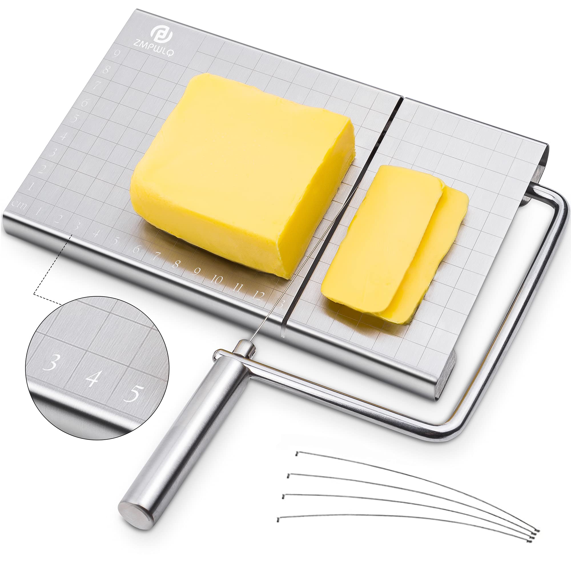 Cheese Slicer, Stainless Steel Cheese with 4 Wire Cutter with Accurate Size Scale Cheese Slicers with Wire for Cheese Cutter Wire Cheese Butter Plane Tool for Soft Cheeses Kitchen Cooking