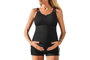 Jarden Tales Ribbed Maternity Two-Piece Swimsuit Tankini V-Wire Bathing Suit Ruched Tie Side Pregnancy High Waisted Swimwear