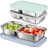 EC-Gaze 3 Pack Stainless Steel Snack Containers with Silicone Lids, 2-Compartment Snack Containers for Lunch, Office, Travel & Camping(Aqua, Blue, Grey)