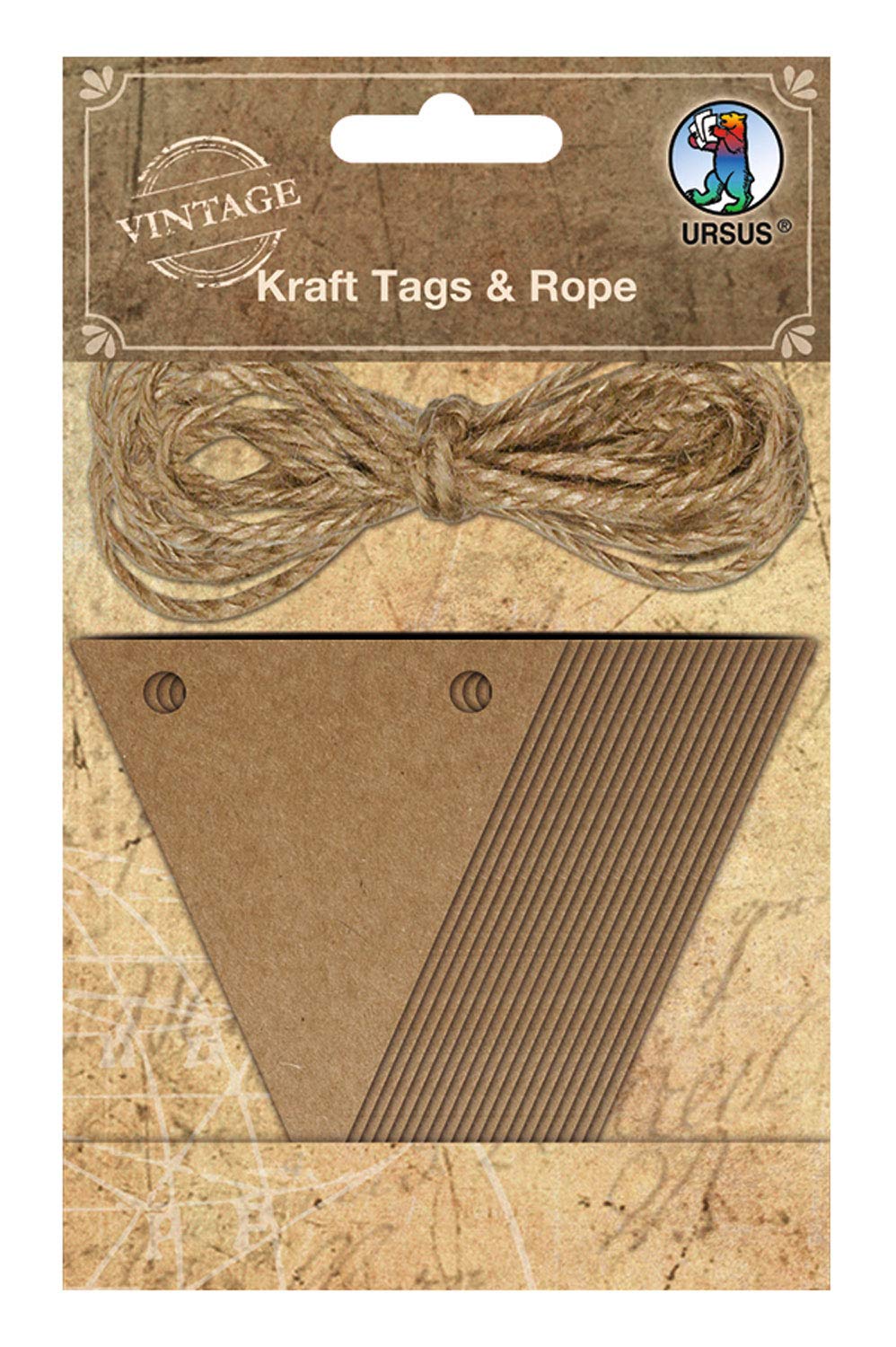Ursus 40650005 Kraft Tags & Rope, 20 Bunting Made of Kraft Paper with 4.5 m Jute Yarn, Individually Customisable Bunting as Decoration for Your Party, Brown, One Size