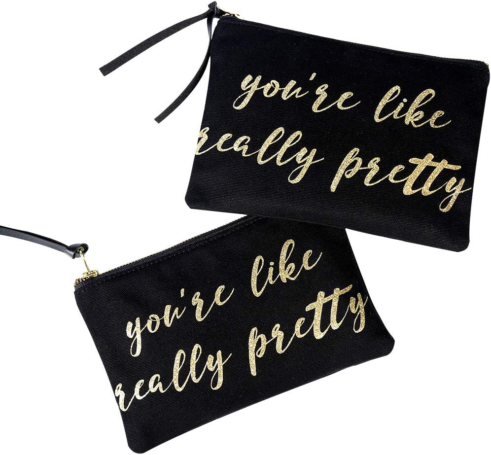 SHERWAY 2 Pieces Small Black Gold Glitter Canvas Makeup Bag, Wedding Bridal Party Favor Cosmetic Bag 6'' x 8.5'', Bride Bridesmaid Gifts Graduation Birthday Gift Bags, Gift for Bride Bridesmaid