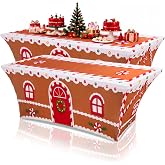 2 Pack Christmas Stretch Table Cloths 6 ft, Gingerbread Table Cover | Christmas Spandex Tablecloths, Gingerbread Playhouse Design, Washable Polyester, for Winter Christmas Party Decor, 72 x 30 in