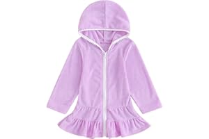MAINESAKA Girls Swim Cover Up Kids Hooded Zip-Up Terry Swimsuit Coverup Towel Bathing Suit Bathrobe Pool Swim Beach Robe Dress