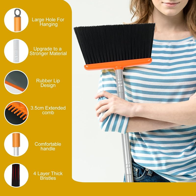 Set mit Besen und Kehrschaufel, ideal für eine effektive Reinigung zu Hause, 137 cm langer Griff (orange und grau)