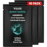 Shower Body Wipes 12"x12", 40 Individually Wrapped Personal Hygiene Body Wipes for Women and Men, Keep Clean After Gym Travel Camping Outdoors Sports, Unscented