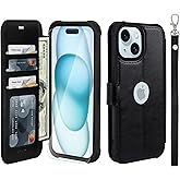 VANAVAGY Compatible for iPhone 15 Wallet Case, PU Leather Flip Folio Cover with Wrist Strap RFID Blocking Card Holder for Wireless Charging,[Screen Protector & Camera Cover],Black