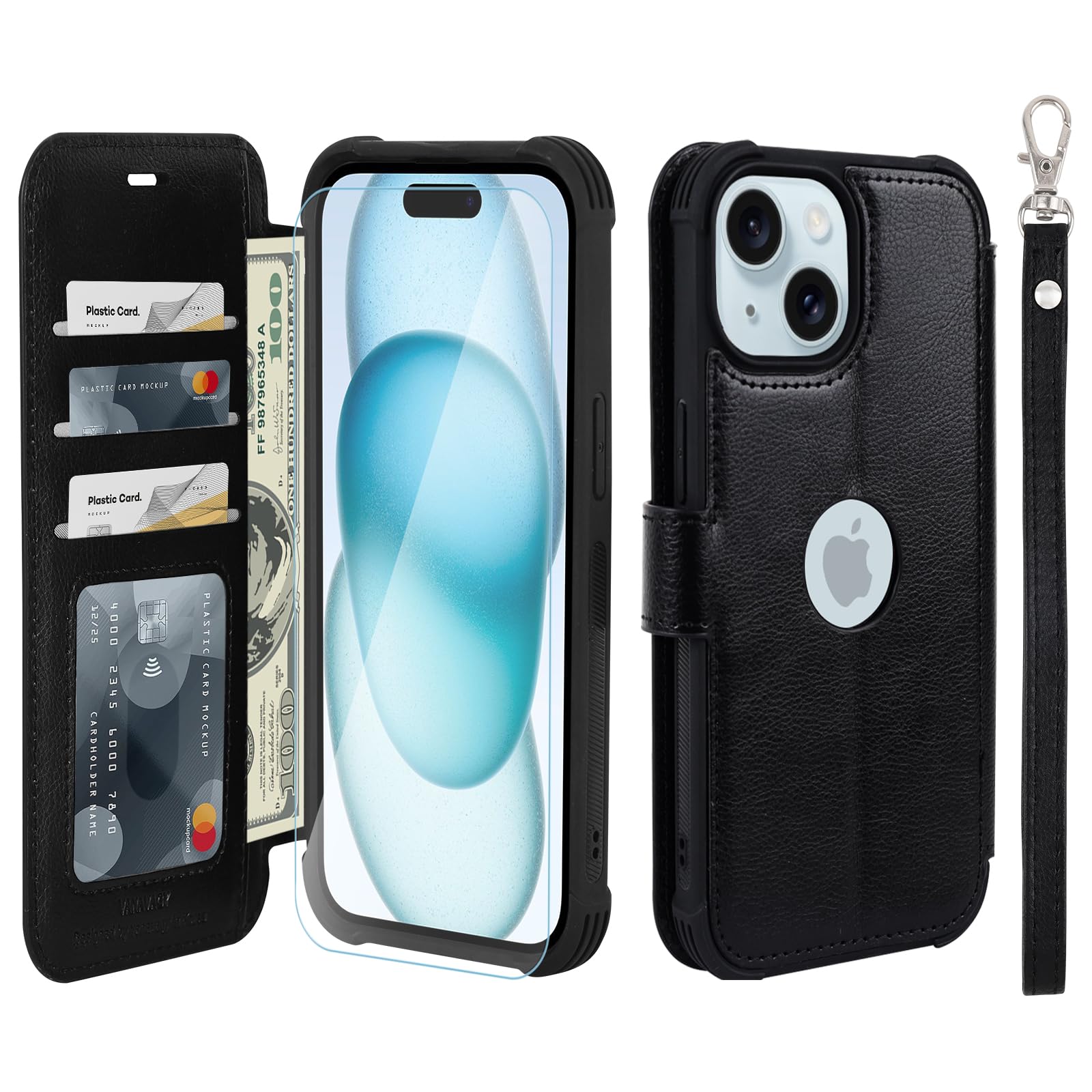 VANAVAGY Compatible for iPhone 15 Plus/14 Plus Wallet Case, 12ft Drop Protection, RFID Blocking PU Leather Flip Cover, Card Holder & Kickstand, Shockproof Phone Case,Black — image 1