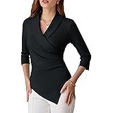GRACE KARIN Women Dressy Wrap Work Tops,V Neck Business Casual Blouses, 3/4 Sleeve Ruched Elegant Shirts