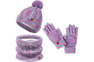 Kids Toddler Winter Hats Scarfs Gloves Set Pompom Beanie Caps Neck Warmer with Fleece for 5-12 Years Old Baby Girls Boys