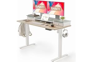BANTI 55"x 26" Electric Standing Desk with Glass Top Monitor Stand, Adjustable Sit Stand Up Table with Double Drawer, Sit Stand Desk with Storage Shelf, Light Walnut Top