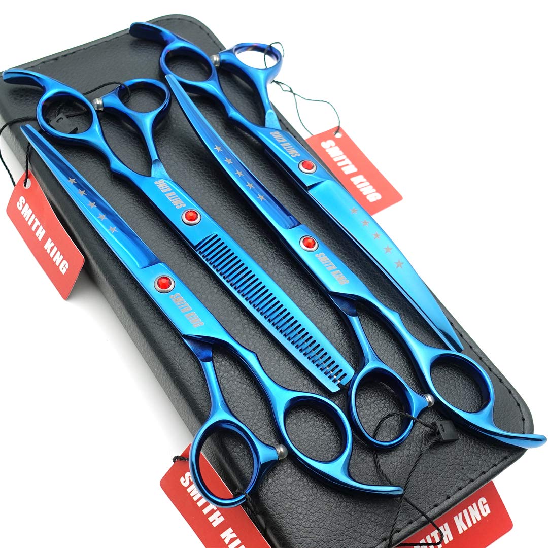 7.0 inches Professional Dog Grooming Scissors Set Straight & thinning & Curved 4pcs in 1 Set (Blue)