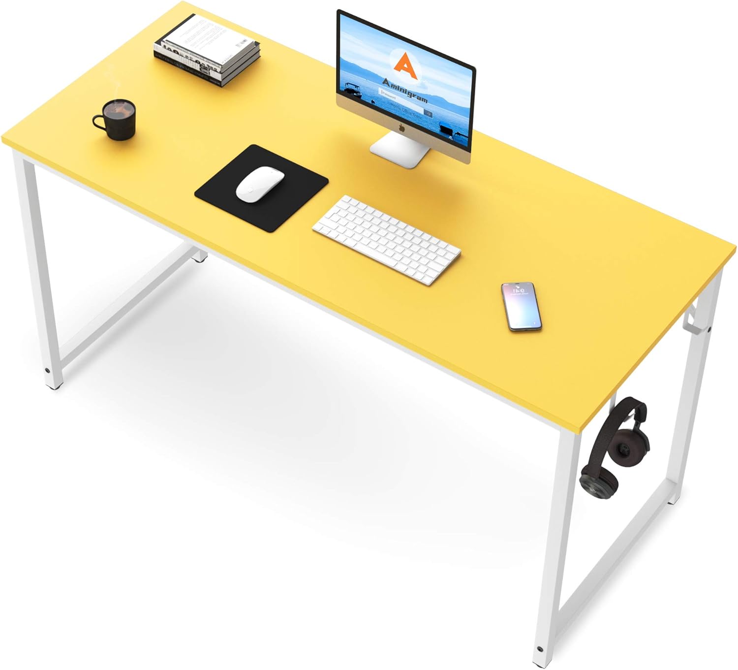 Yellow Computer Desk, 39 inch Home Office PC Desk Table, Smooth Yellow Board with White Metal Frame, Modern Study Writing Desk