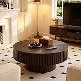 FeiZhiYanS Farmhouse Round Fluted Coffee Table with Storage (G31.49) | Rustic Modern, Circle Center Table, Solid Wood Base, for Small Space Living Room