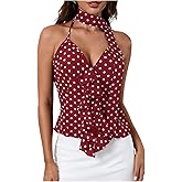 MakeMeChic Women's Polka Dots Halter Top Ruffle Backless Going Out Top with Scarf