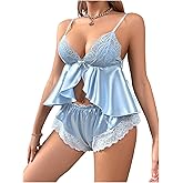OYOANGLE Women's 2 Piece Pajama Set Contrast Lace Bow Front Ruffle Hem Cami Crop Top and Shorts Set