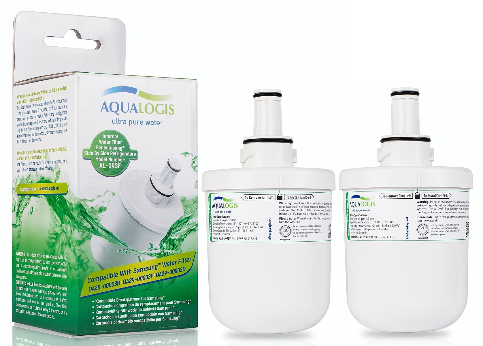 Aqualogis AL-093F Fridge Filter Compatible with Samsung DA29-00003F DA29-00003G Hafin1/Exp, Pack of 2