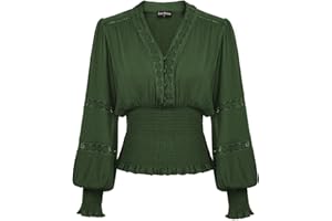 Scarlet Darkness Women's Renaissance Peasant Blouse V Neck Lantern Sleeve Lace Smocked Tops