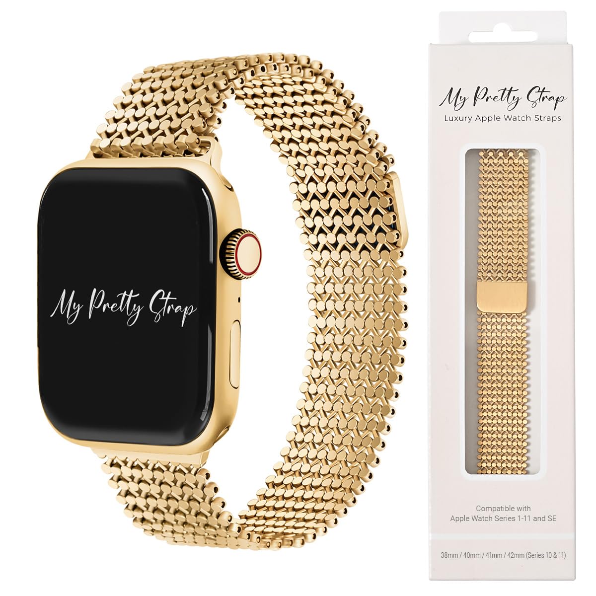 Photo 1 of My Pretty Strap- Compatible Apple Watch Band - Stainless Steel iWatch Strap for Women- Adjustable Strap (5.4" - 9.4") - Series 1-11, SE & Ultra (38/40 41/42/44/45/49) - Gold, Silver -Jasmine