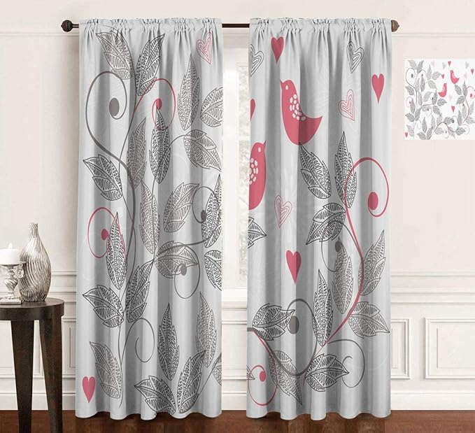 Pink and Grey Curtains Window Treatments, Retro Floral Love