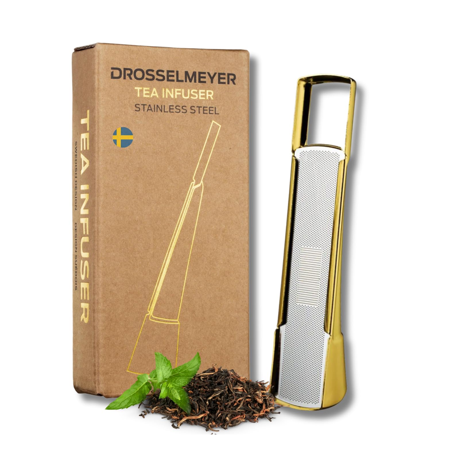 DDG Drosselmeyer Infuser Stainless Steel Tea Strainer and Spoon 2-in-1 Elegant Swedish Design Gold, 17 x 9 x 4 cm, TIBP01G
