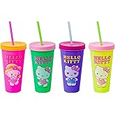 Silver Buffalo Sanrio Hello Kitty Summertime Gardening 4-Pack Color Changing Plastic Tumblers Includes Lid and Straw, 24 Ounces