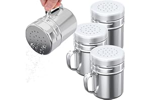 CUSINIUM 6oz Stainless Steel Salt Pepper Dredge Shakers - with Plastic Cap - with Handle - Pack of 4