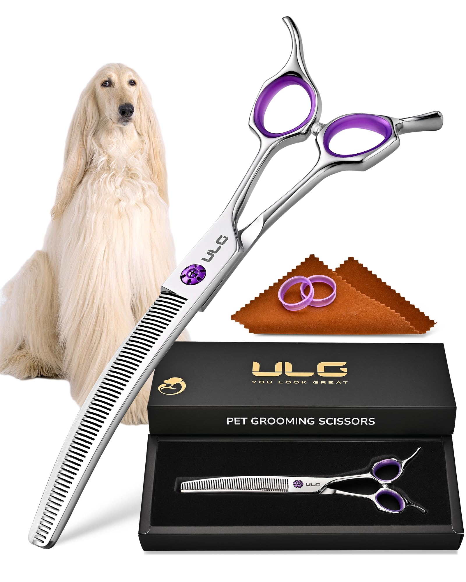Photo 1 of ULG 7.5” Dog Grooming Thinning Shears – 30° Curved Pet Thinning Scissors, Japanese 440C Stainless Steel, 60 V-Shaped Teeth, 25% Thinning Rate, Reversible Butterfly Handles, for Face, Nose, Eyes & Coat