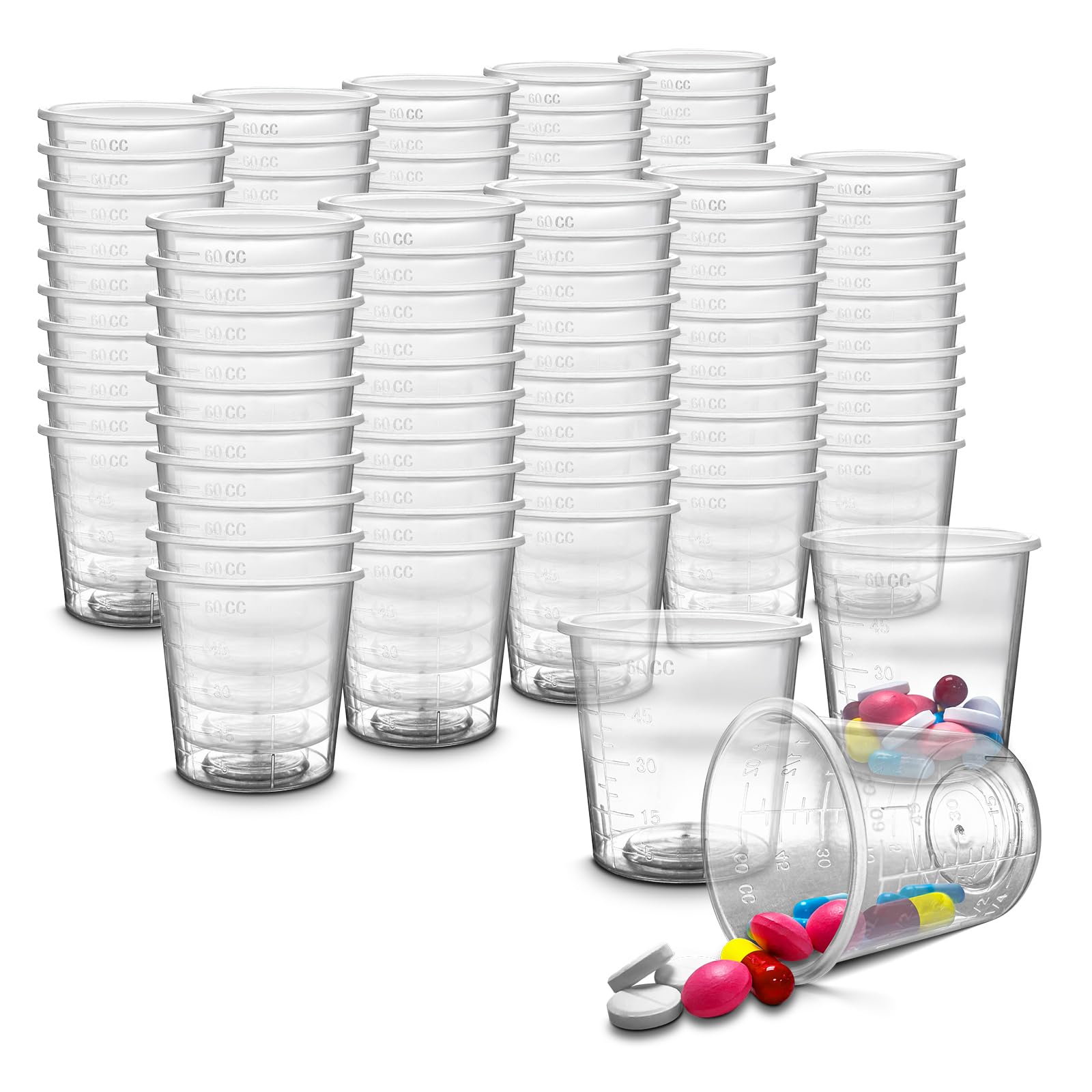 100 Pack - RE-GEN 60ml Graduated Clear Reusable Measuring Cups Pots Container Beaker Tubs - Ideal for Medicine, Kitchen Cooking, Catering, Medical Lab, Home