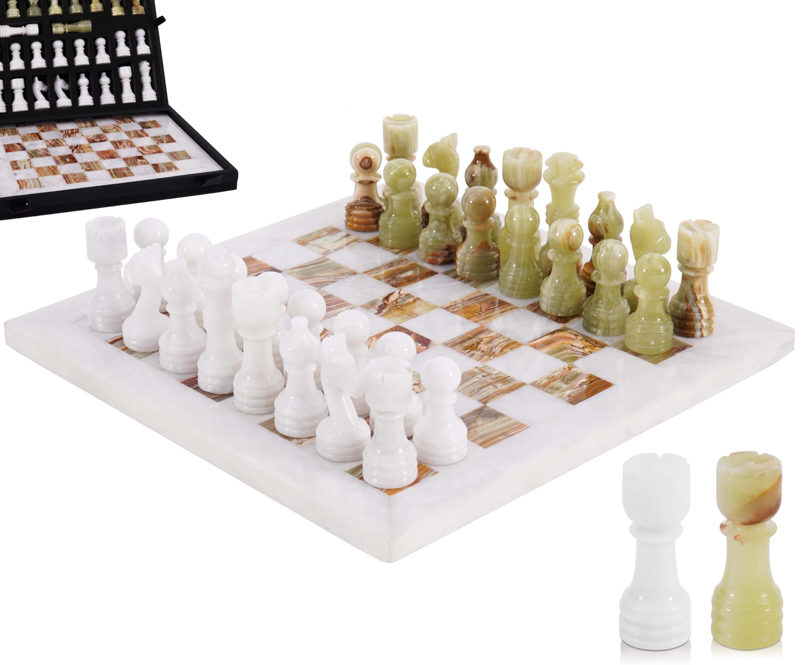 MARBLE RANGE 12" Handmade White & Green Onyx Board Game with 32 Chess Pieces, 2 Extra Queens & Storage Box, Luxury Travel Game, Elegant for Home Decor