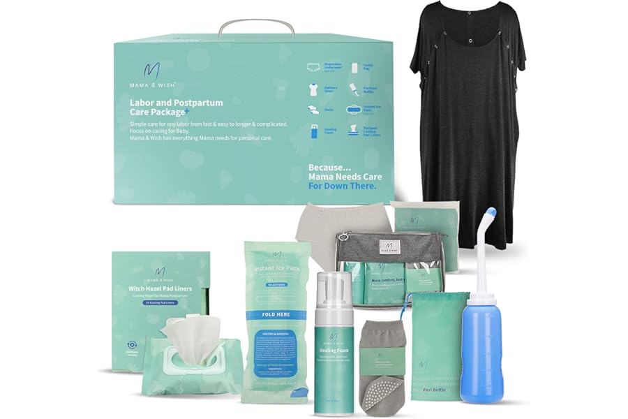 Mama & Wish® Postpartum Essentials Kit (14-Piece) – Includes Hospital Post Partum Essentials for Women After Birth, Labor and Delivery Gown, Peri Bottle, Witch Hazel Foam, Pad Liners & More!