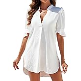 Blooming Jelly Womens Bathing Suit Cover Up Swimsuit Coverups Swim Ruffle Sleeve Swimwear V Neck Bikini Beach Dress (White,S)