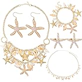 6 in 1 Mermaid Jewelry for Women, Shell Necklace Bracelet Seashell Starfish Waist Chain Starfish Earrings Starfish Hair Clips Mermaid Costume Accessories
