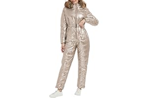 RISISSIDA Women Ski Suit Jumpsuit, Winter Onesies Outdoor Sports Waterproof Snowsuit One Piece with Hood Removable Fur Collar
