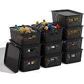 BOBIBOSS Black Plastic Storage Baskets with Lids 10 Pack Stackable Storage Bins Containers for Shelves Organizing, Cute Decorative Storage Boxes for Classroom, Playroom, Closet, Pantry